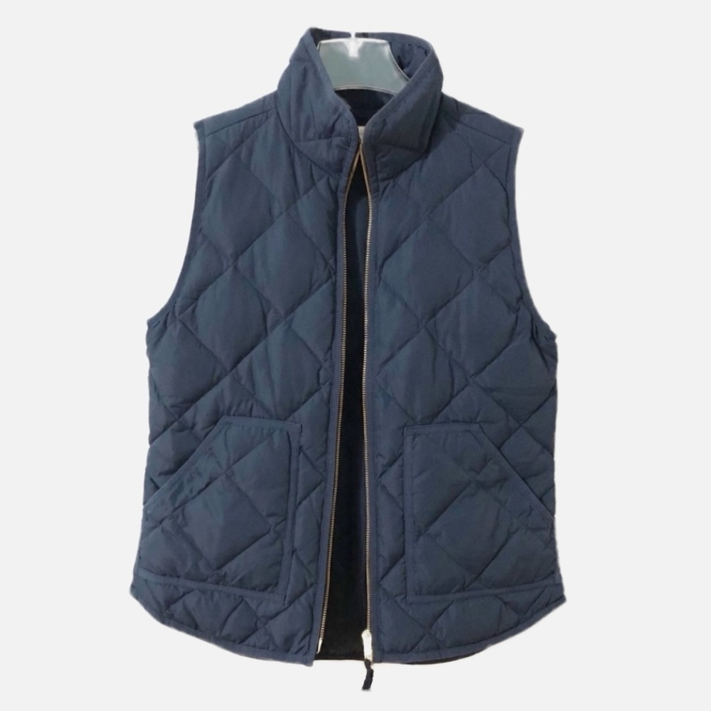 J. Crew Navy Blue Quilted Goose Down Vest Diamond Stitch Mock Neck Zip Up Puffer